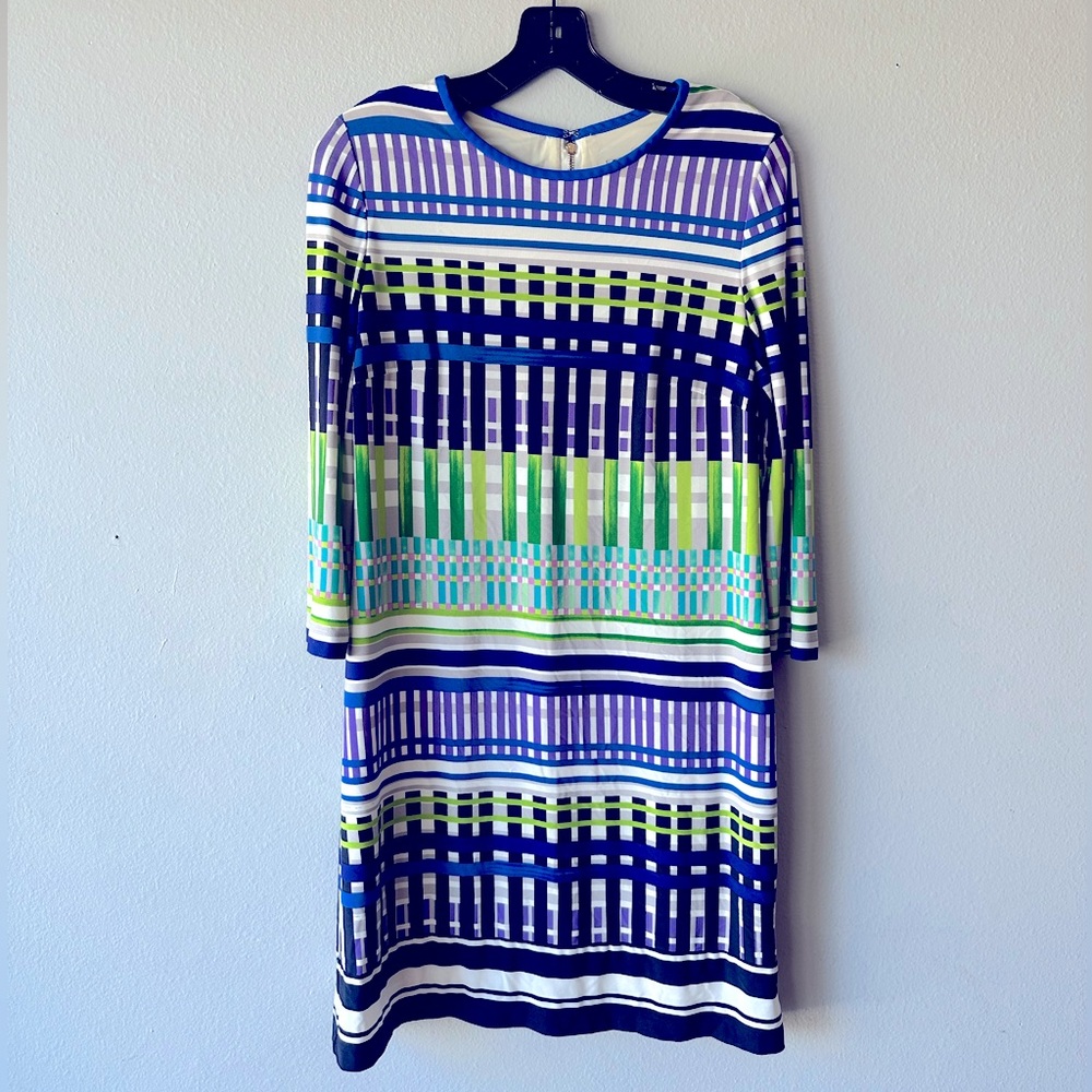 Eliza J Blue Green Sheath Dress 3/4 Sleeve Crew Neck